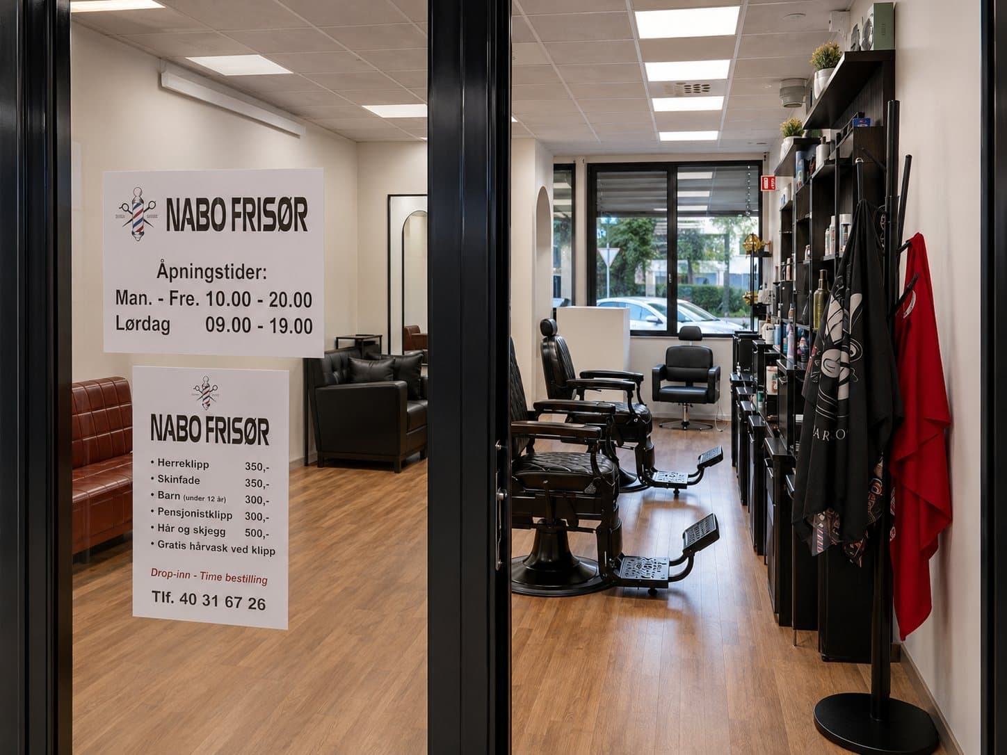 Oversikt over salongen hos Nabo Frisør på Maura